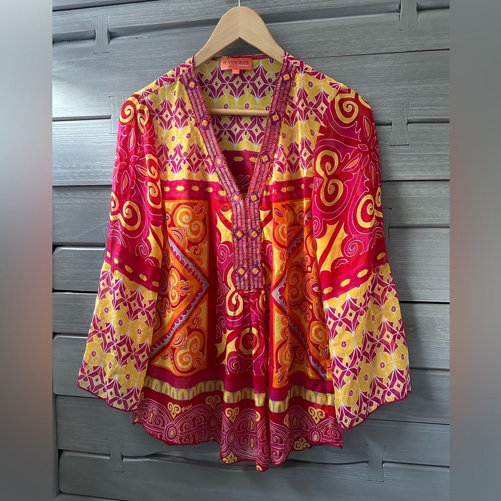 Hale Vib Cabana silk V neck blouse, S